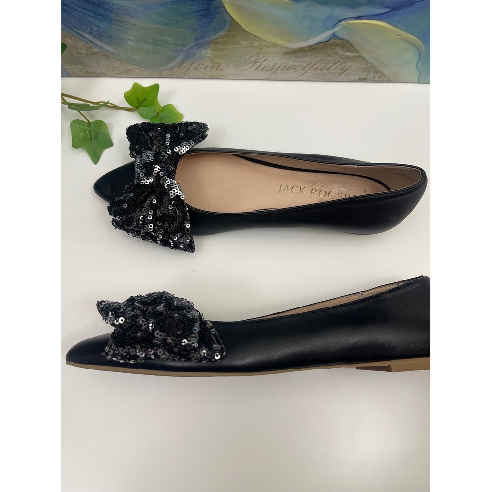 Jack Rogers Debra Black Leather Point Toe Sequin Bow Ballet Flats in Black 6.5 - Picture 9 of 13
